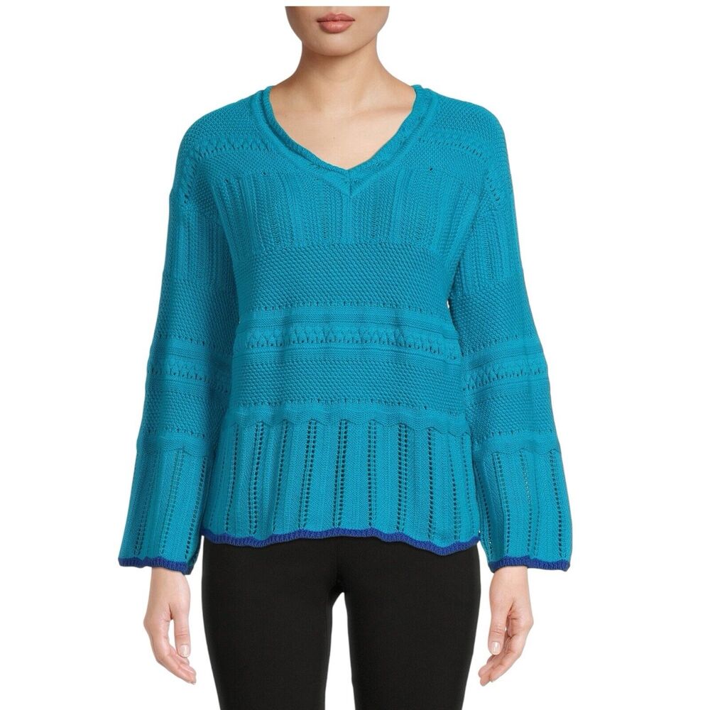 Pioneer Women Small Blue V Neck Textured Knit Pull over Sweater NEW